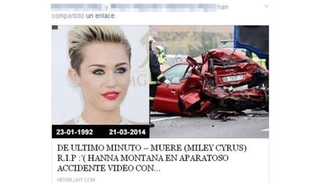 Miley Cyrus muerta en un accidente de coche... en facebook