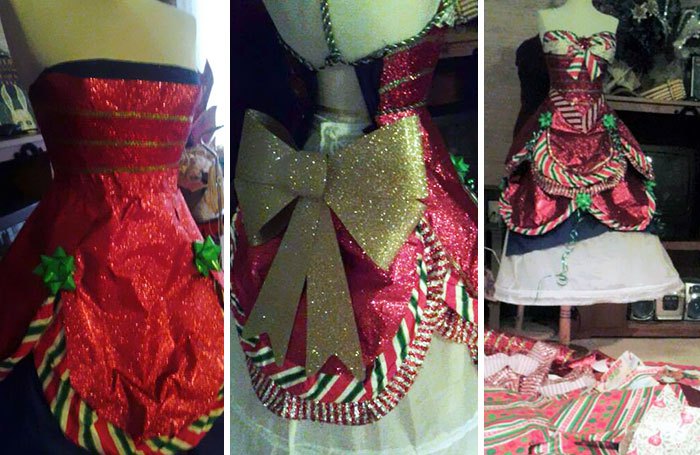 Diseñadora hace vestidos con papel de regalo