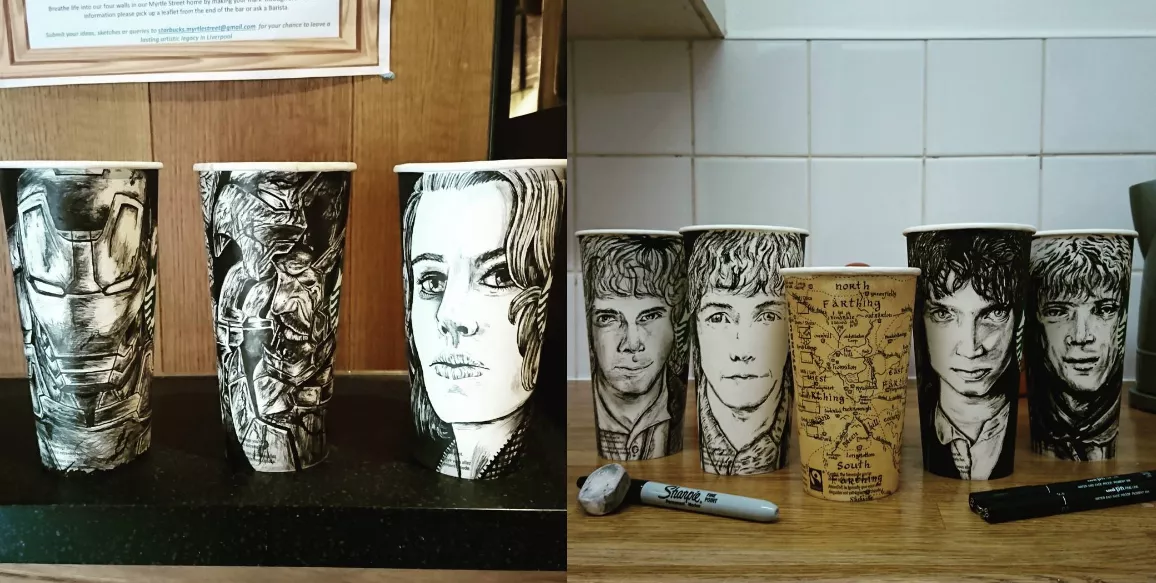 artista dibuja en vasos de starbucks