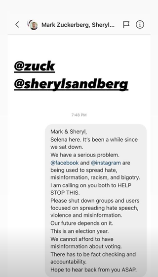 Selena Gomez exige a Mark Zuckerberg y Sheryl Sandberg de Facebook que cierren los grupos de 