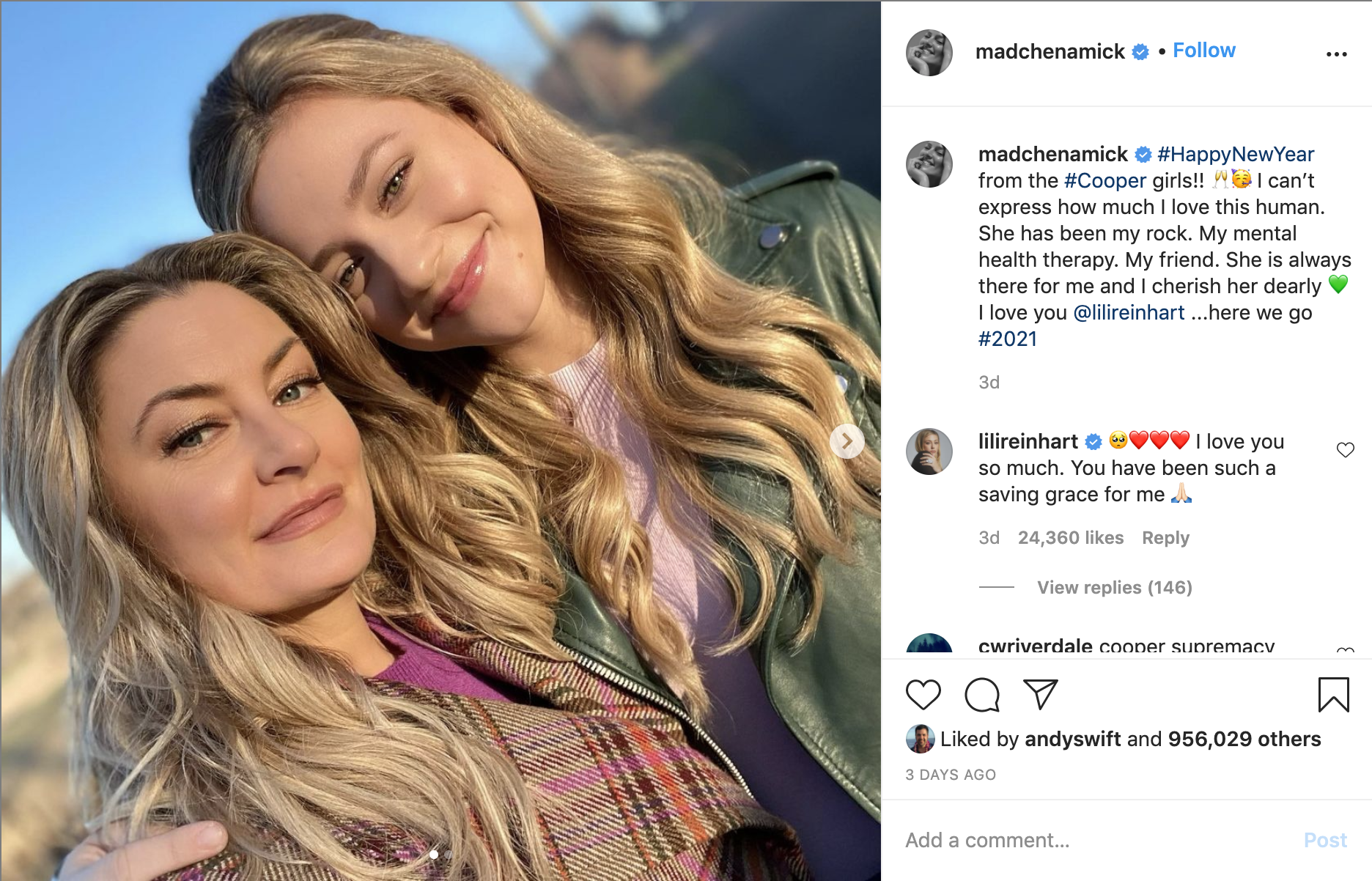 Mädchen Amick publica el más dulce mensaje sobre la hija de "Riverdale", Lili Reinhart