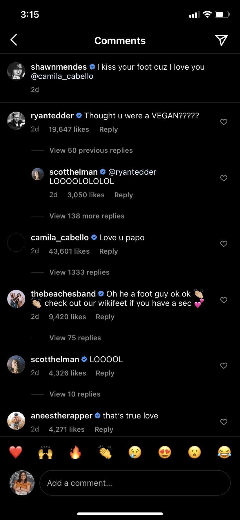 Shawn Mendes besa el pie de Camila Cabello en un post de Instagram por San Valentín