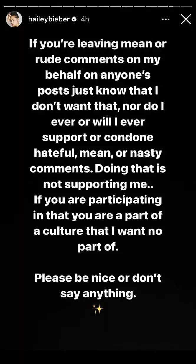 Hailey Bieber ruega a sus fans que dejen de dejar