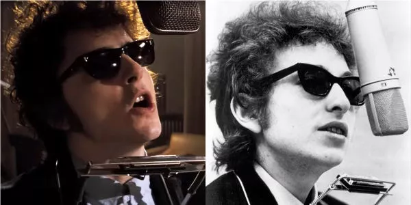 Chalamet, left, in "A Complete Unknown" and Dylan, right, in 1965.