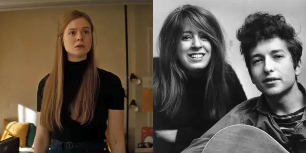 Fanning, left, in "A Complete Unknown" and Rotolo with Dylan in 1961.