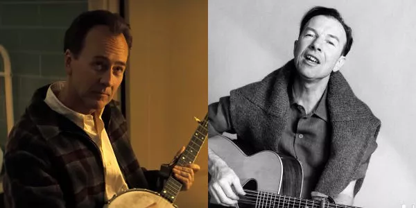 Norton, left, in "A Complete Unknown" and Seeger, right, in 1963.